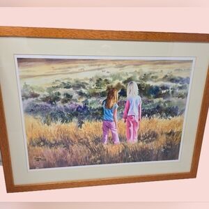 Donna Lee Clemson Art Watching Elk Print 6/100 Signed 2 Young Girls In A Field